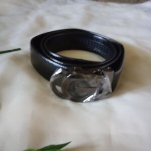 G Embossed Black Buckle Black Leather Belt Waist 40-42 Size L 48/1200